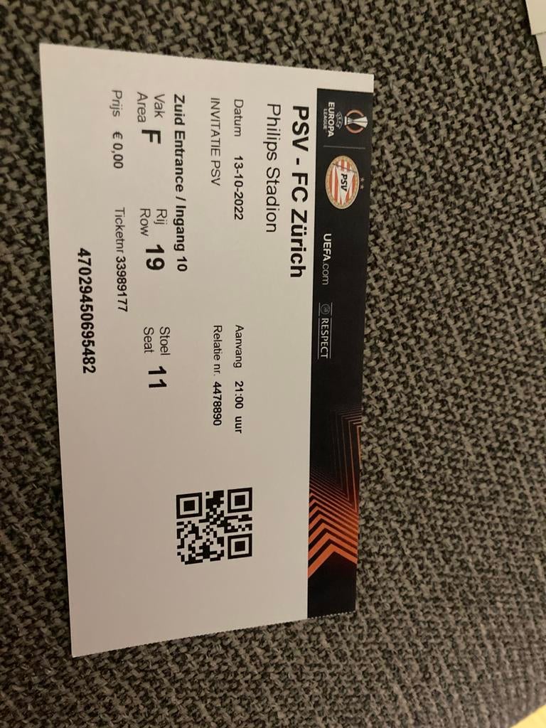 TICKET PSV-FC ZÜRICH 22-23 EUROPA LEAGEU, Ophalen of Verzenden, Zo goed als nieuw, PSV, Overige typen
