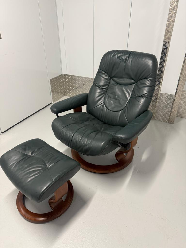 Groene leren Stressless relaxstoel Ekornes met voetenbank, Ophalen, Overige kleuren, Vintage, Leer