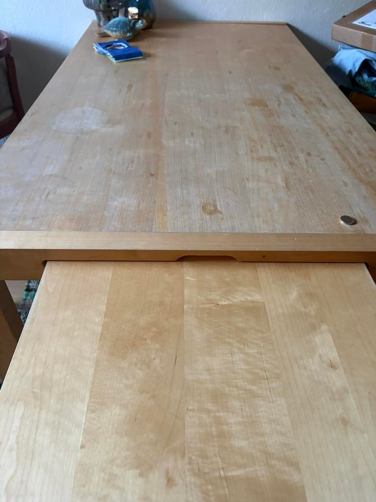 Massief Houten eettafel uitschuifbaar, Ophalen, Gebruikt, 50 tot 100 cm, Vijf personen of meer