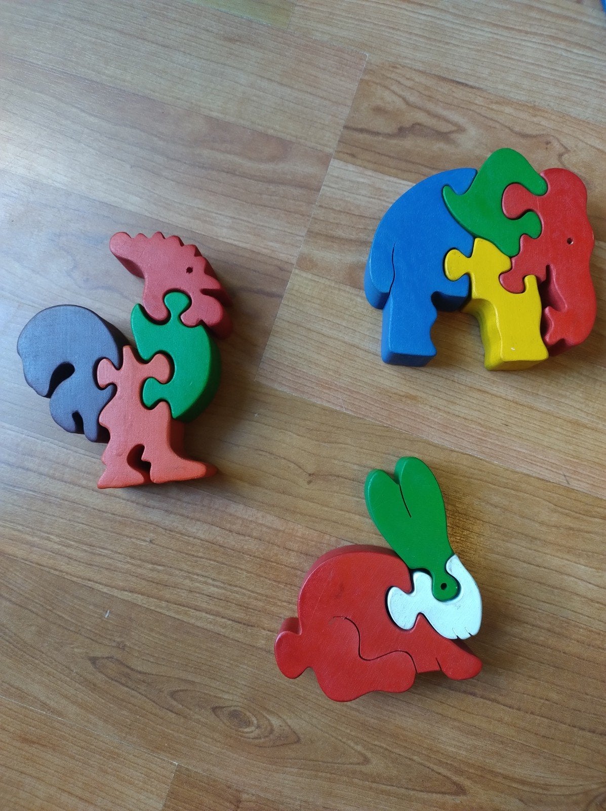 Kleurrijke houten puzzels: Haan, Konijn, Olifant, 2 tot 4 jaar, Gebruikt, Ophalen of Verzenden, Van hout