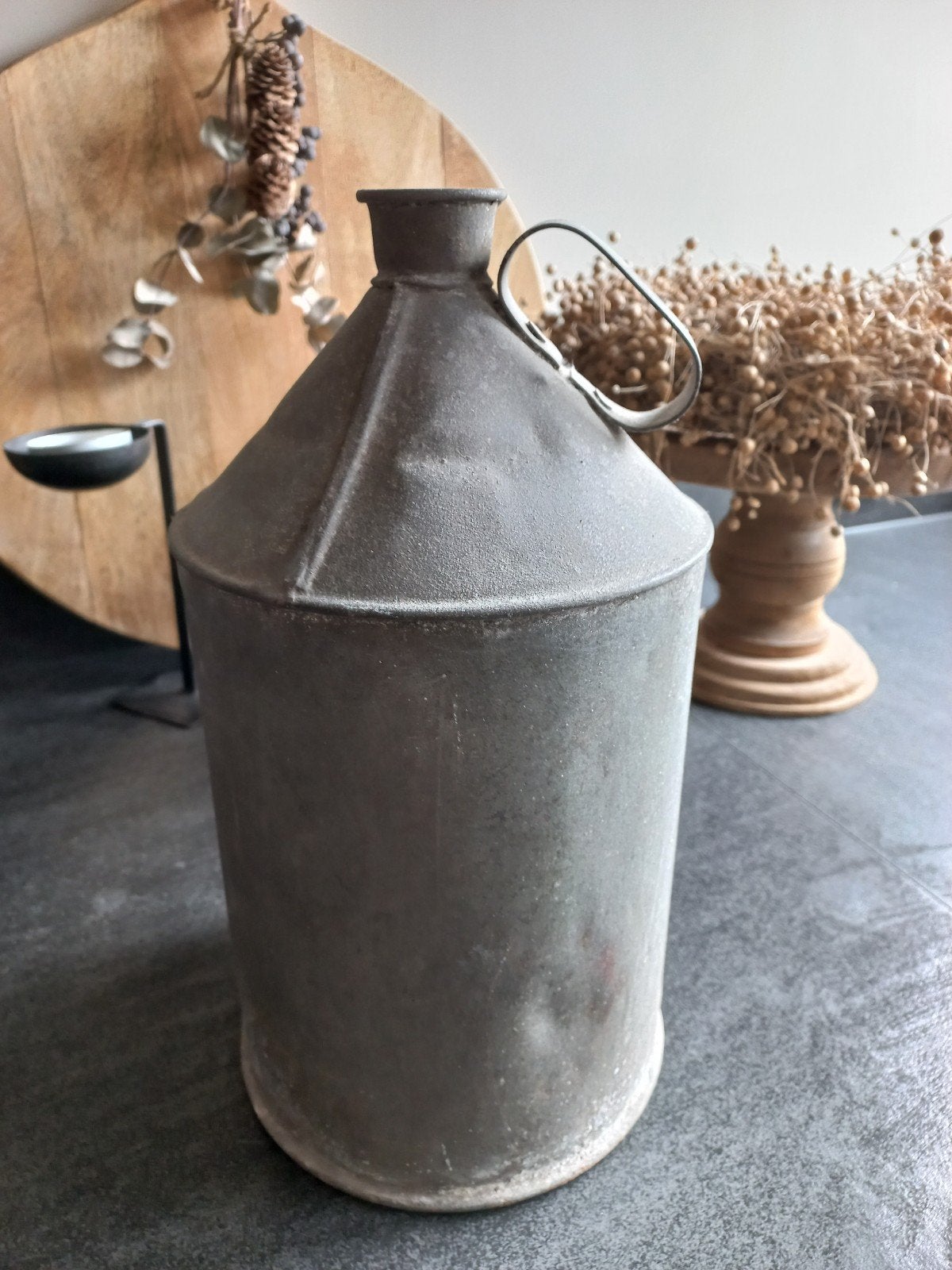 Sober Vintage kan metaal grijs landelijk, Huis en Inrichting, Woonaccessoires | Vazen, Gebruikt, Ophalen of Verzenden, Metaal