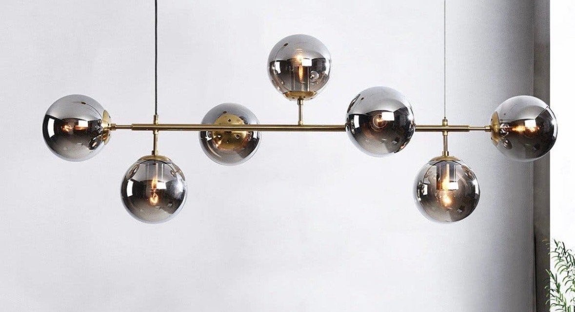 Moderne hanglamp met 7 glazen bollen - Zo goed als nieuw, Ophalen of Verzenden, Zo goed als nieuw, Glas, E27 (groot)