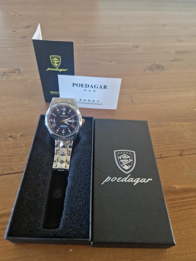 Poedagar Heren Horloge - Zilver/Goud met Zwarte Wijzerplaat, Overige merken, Staal, Staal, Polshorloge