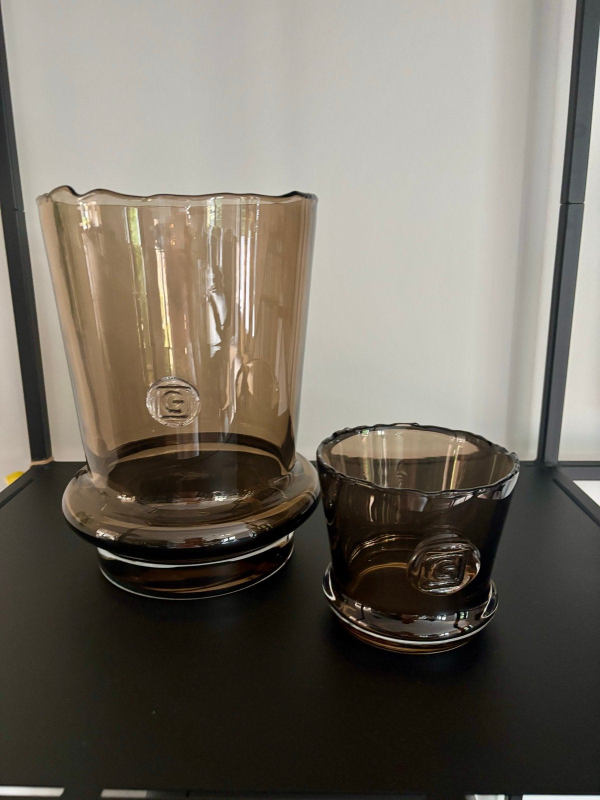 Gommaire vaas bruin set van 2 bieden vanaf €100, Ophalen, Gebruikt, Bruin, Glas