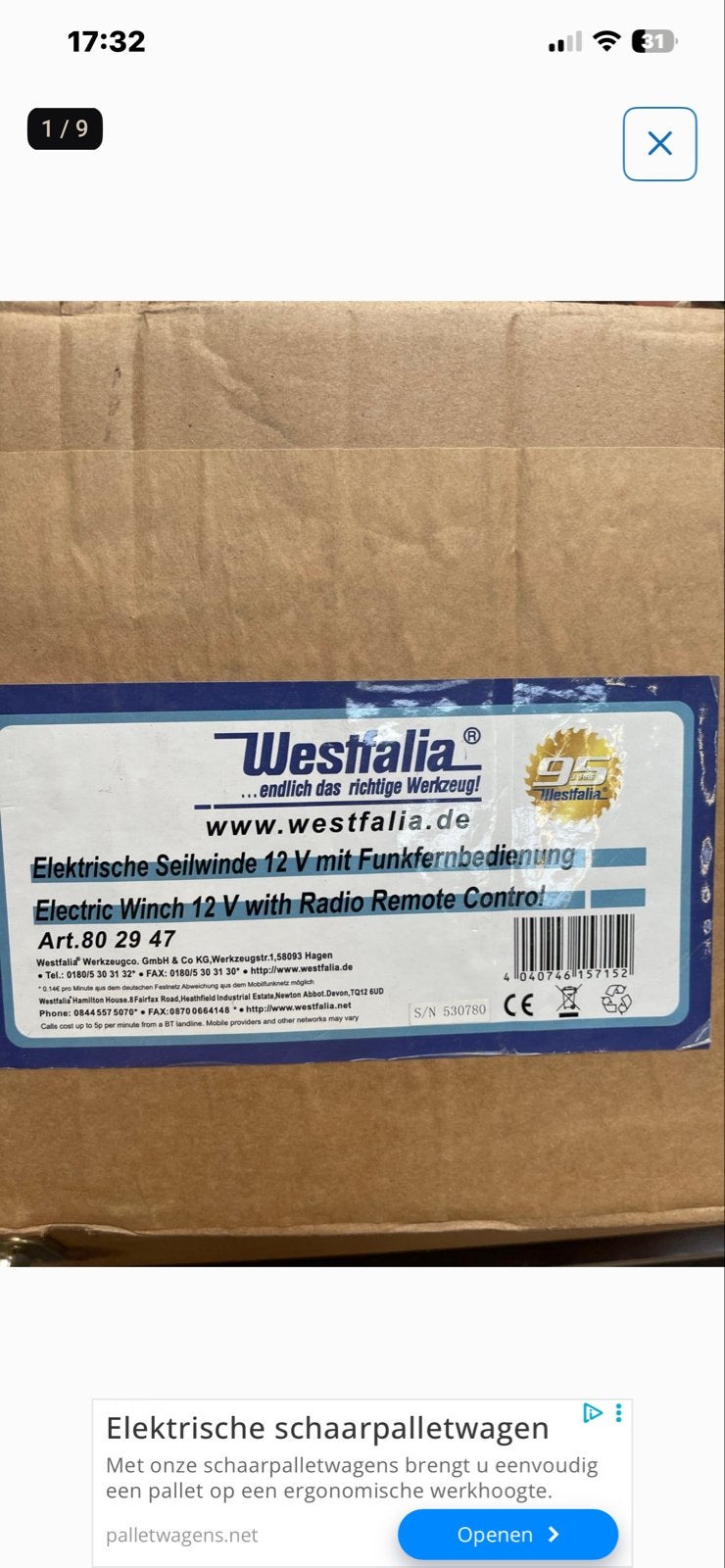 Westfalia Elektrische Lier 12V met Afstandsbediening, Ophalen