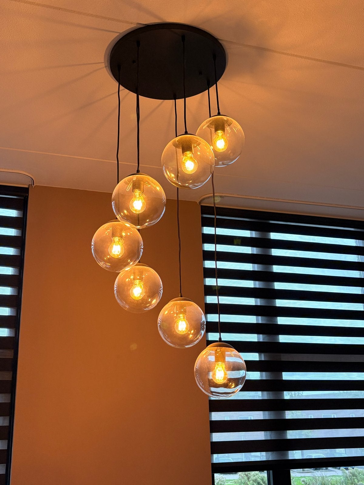 Prachtige dimbare hanglamp met 7 bollen voor hoge plafonds, Ophalen, Gebruikt, Glas, Overige fittingen