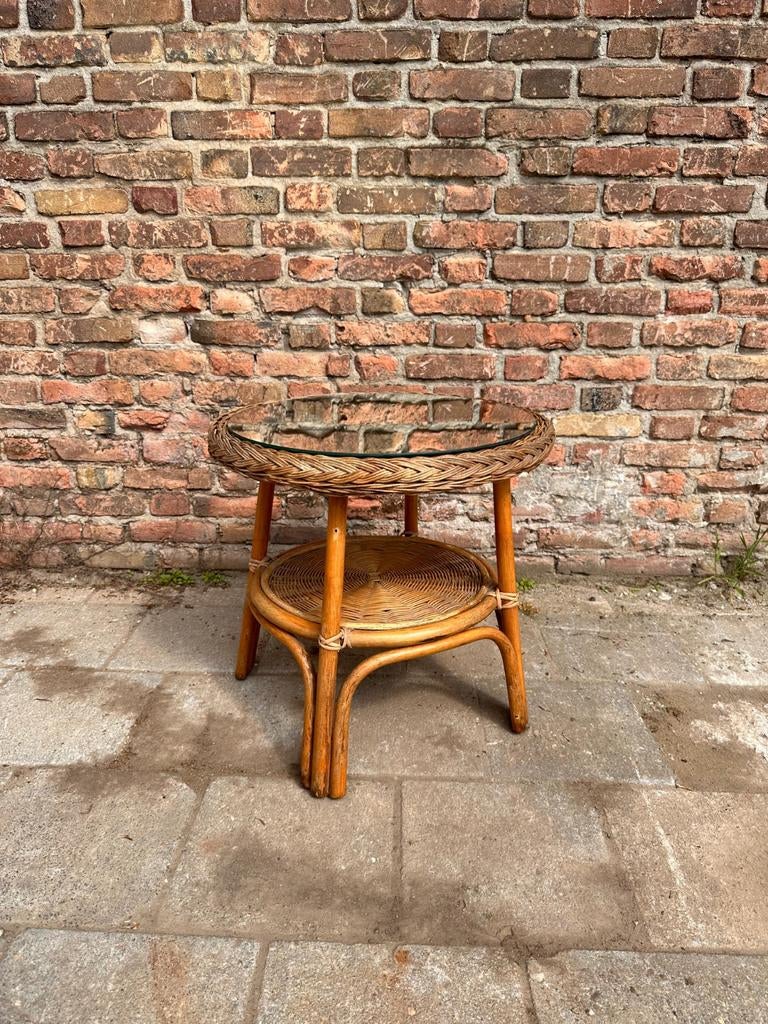 Rotan bijzettafel, Huis en Inrichting, Tafels | Bijzettafels, Overige materialen, Minder dan 55 cm, Gebruikt, Rond