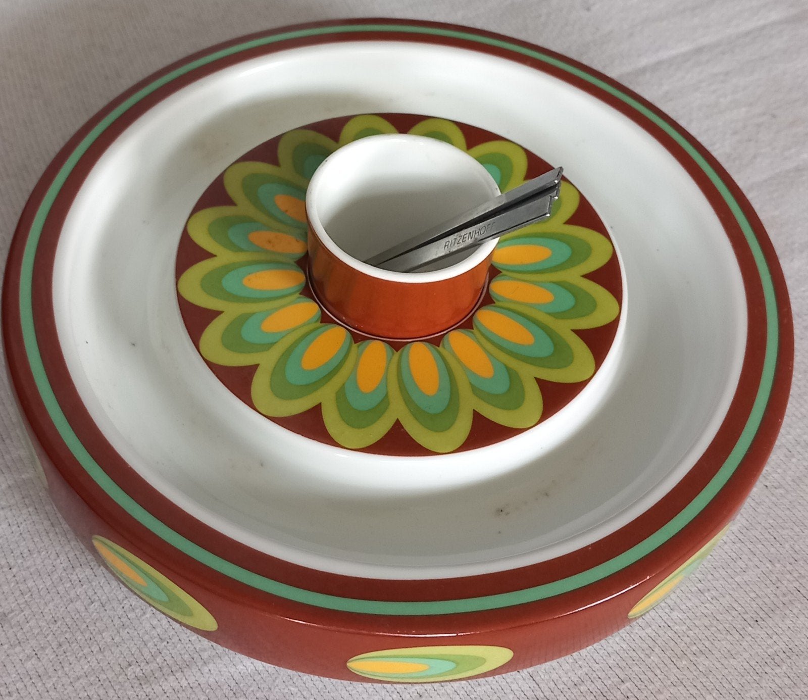 Ritzenhoff Athena olijf schaal met 3 vorkjes - Vintage, Huis en Inrichting, Gebruikt, Overige merken, Keramiek, Ophalen of Verzenden