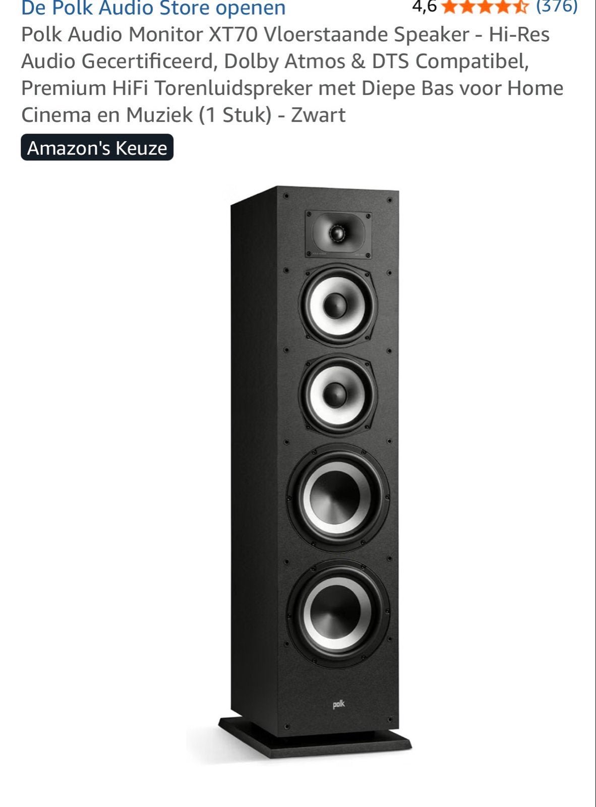 Polk Audio Monitor XT70 Vloerstaande Speaker - Hi-Res Audio, Vloerstaande luidspreker, Nieuw, Ophalen of Verzenden, Geschikt voor surround/home cinema