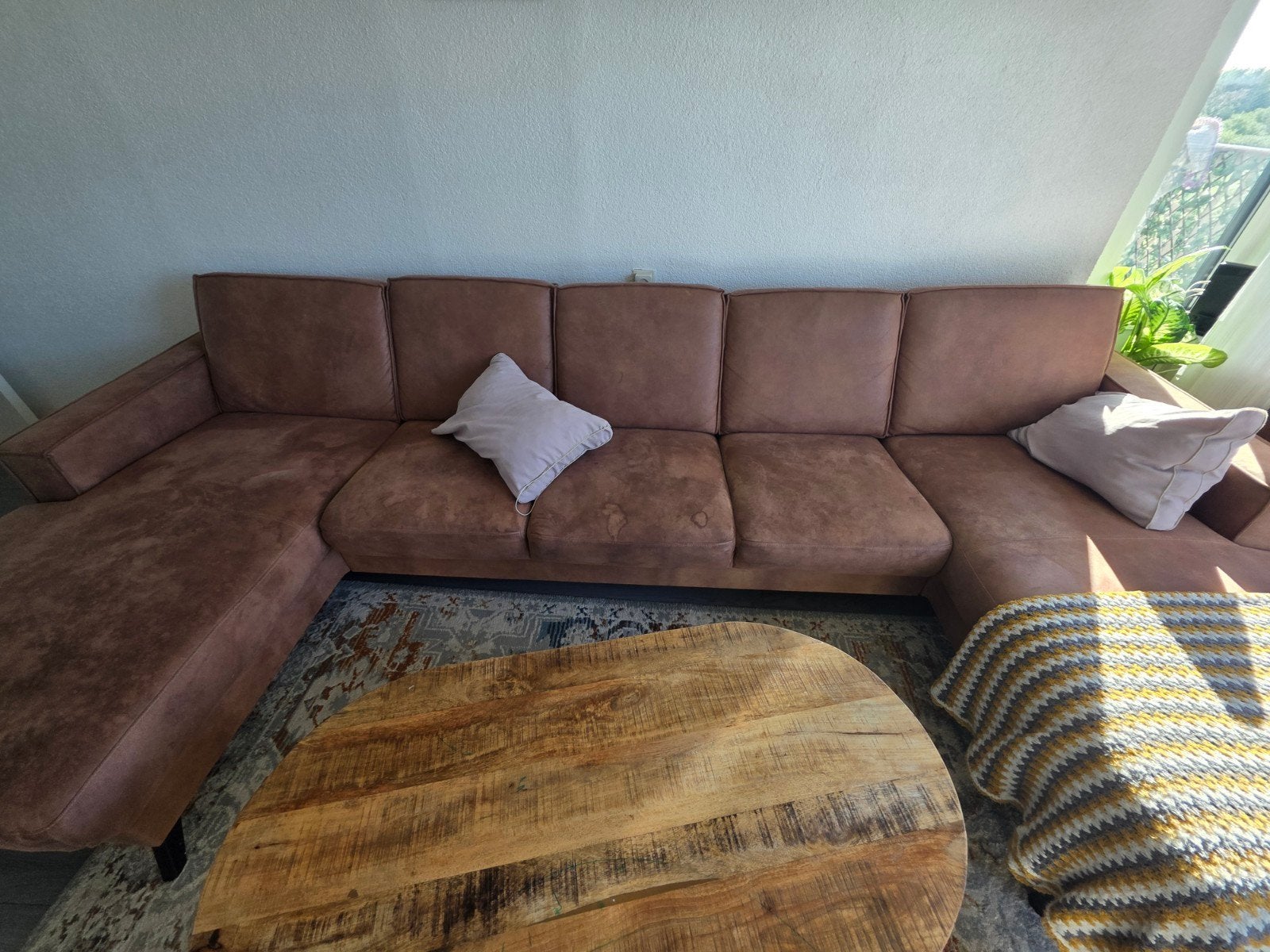 Ruime bruine hoekbank met chaise longue, Ophalen, Modern, Comfortabel, Gebruikt, Hoekbank