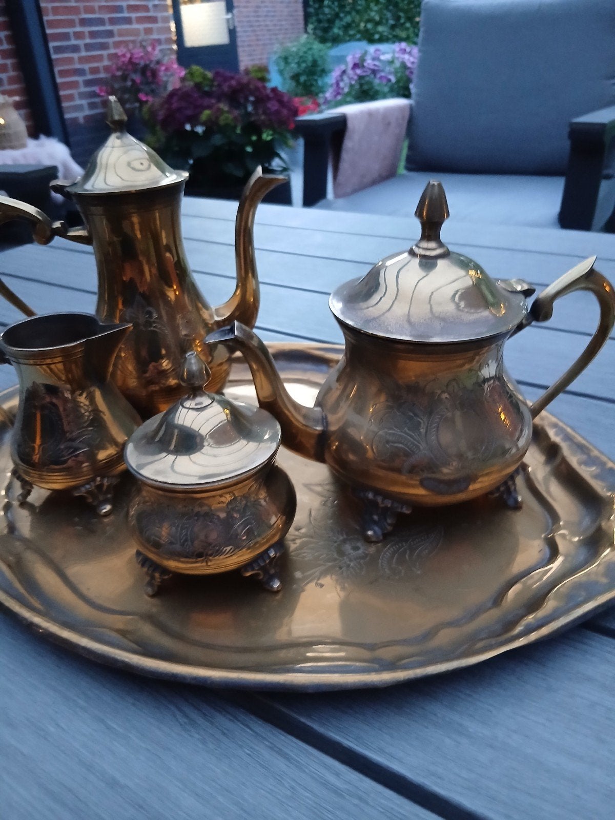 Vintage koperen theeservies met dienblad, Antiek en Kunst, Ophalen of Verzenden