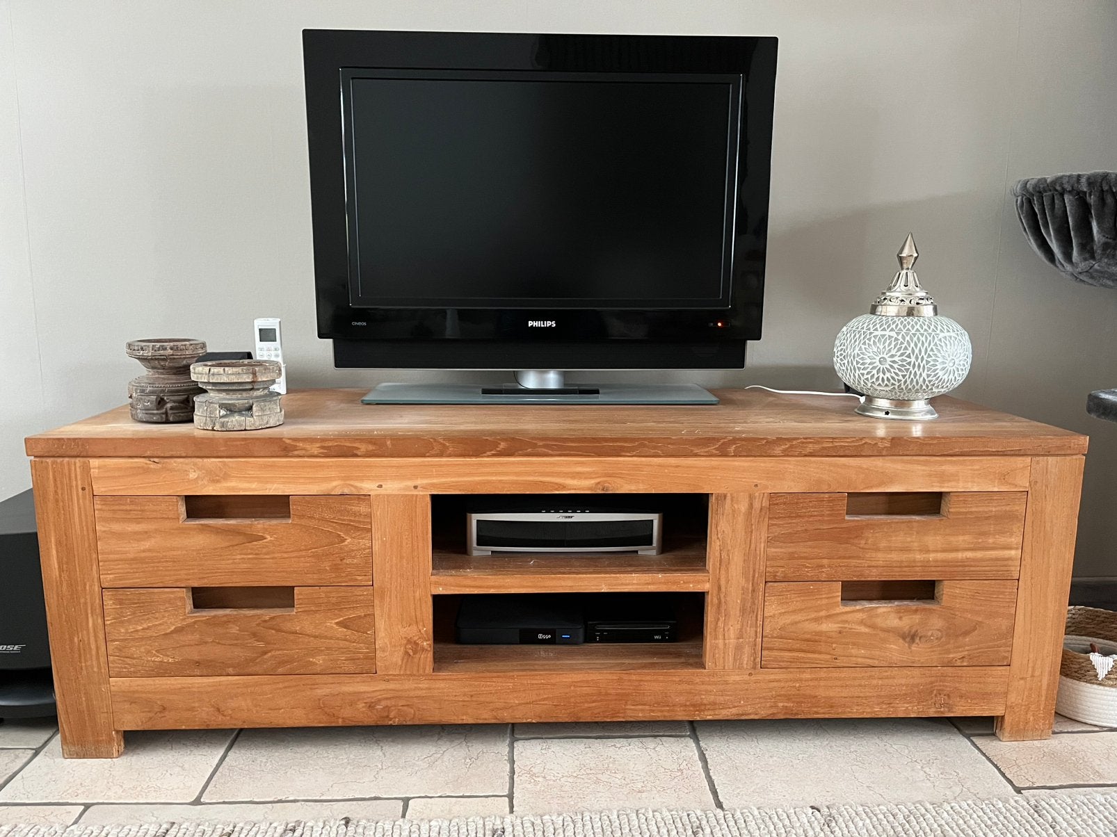 Teakhouten tv meubel, Ophalen, Gebruikt, 150 tot 200 cm, Teakhout