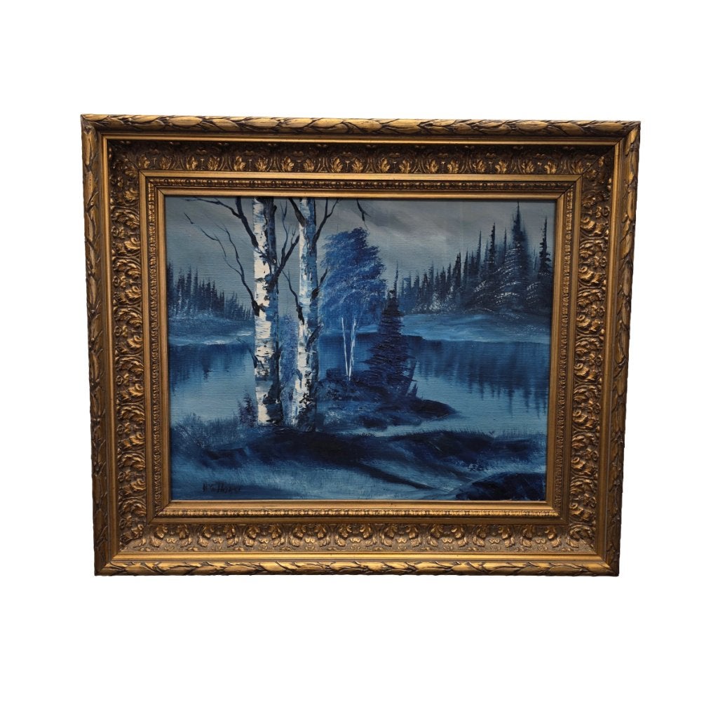 Vintage schilderij met bosmeertje H. vd Horst, jaren 60/70, Doek, Landschap, Olieverf, Vintage