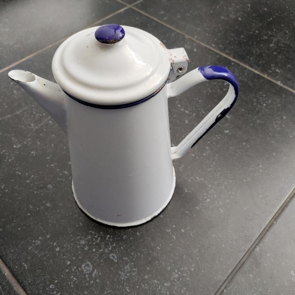 Koffiepot,Vintage,Emaille,Wit,Blauw,1959,Kan,Frankrijk,Frans, Ophalen of Verzenden