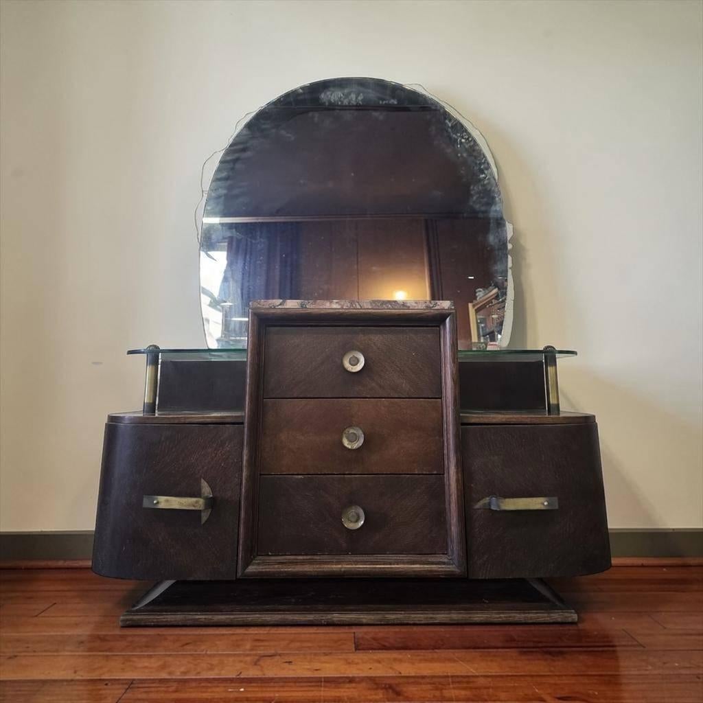 Vintage houten curved  dressoir / art deco kast met spiegel, Ophalen, Gebruikt