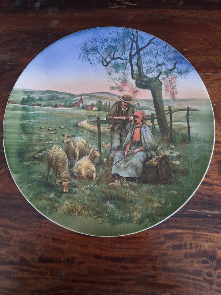 Antieke decoratieve wandplaat met herdersscène, Ophalen of Verzenden