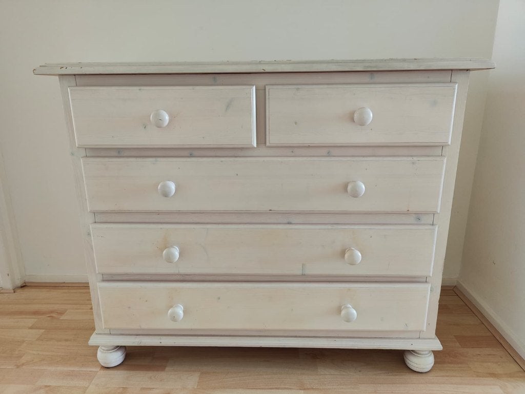 Witte massief houten ladekast/commode 110x55x91 cm, Ophalen, Gebruikt, 100 tot 150 cm, 5 laden of meer