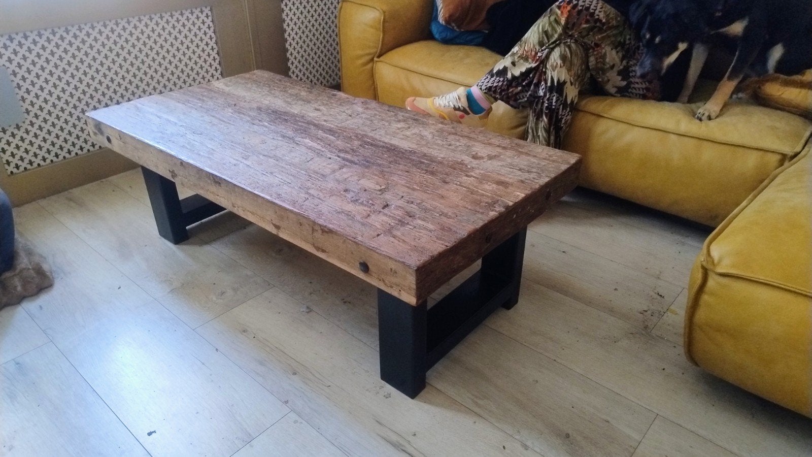 Salontafel industrieel wood design stalen poten, Ophalen, 100 tot 150 cm, 50 tot 100 cm, Zo goed als nieuw