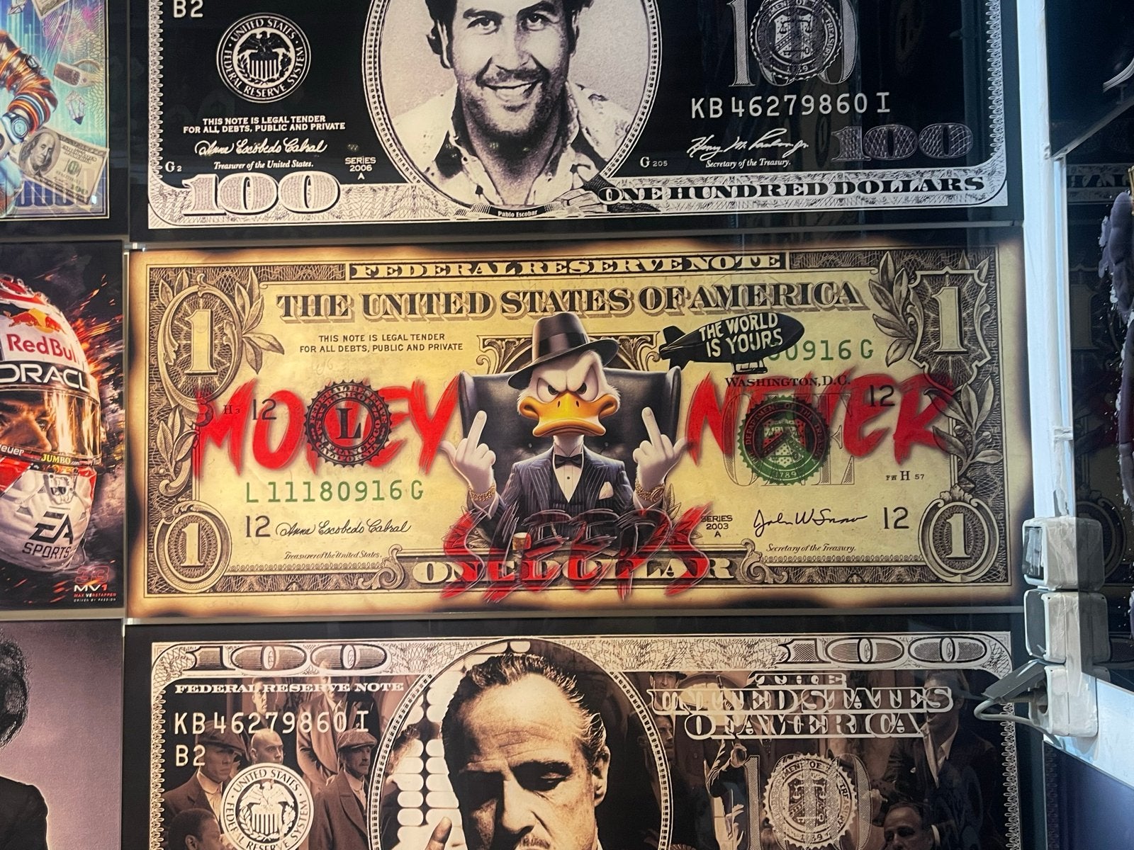 Donald Duck Money Never Sleeps Pop Art Canvas 120x50 cm, Antiek en Kunst, Ophalen of Verzenden