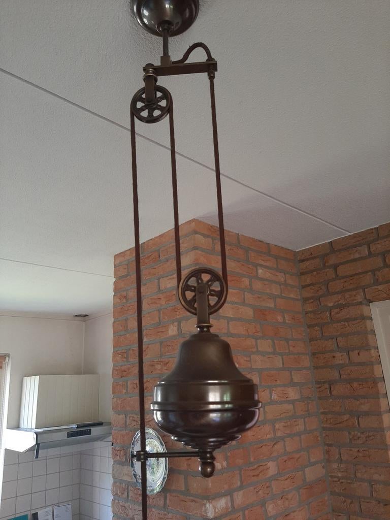 Vintage katrol hanglamp brons en glas, Ophalen, Zo goed als nieuw, Glas, 75 cm of meer