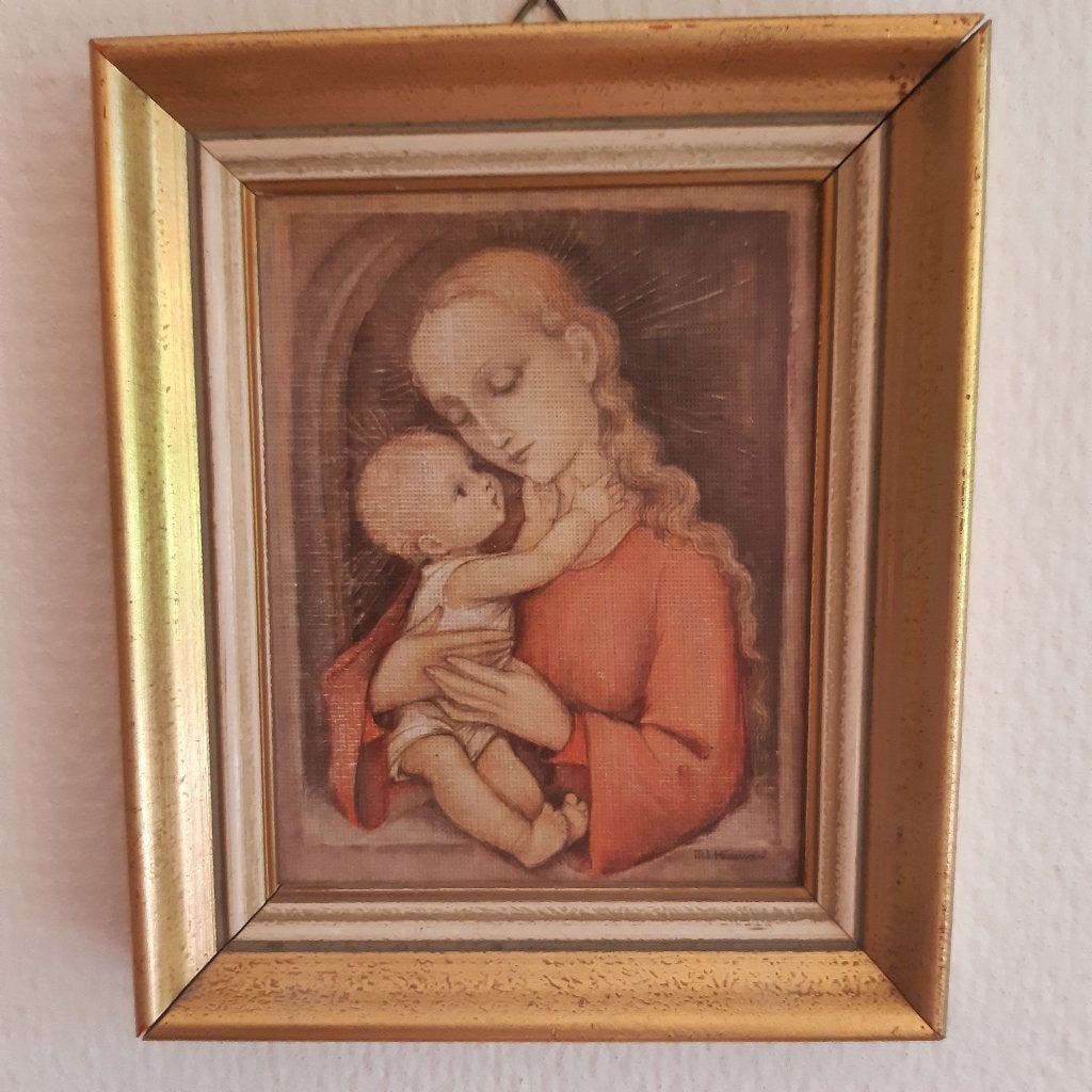 Jaren 50 Kunstprint,  Madonna met kind van M.I. Hummel., Ophalen of Verzenden, Gebruikt, Kaart of Prent, Christendom | Katholiek
