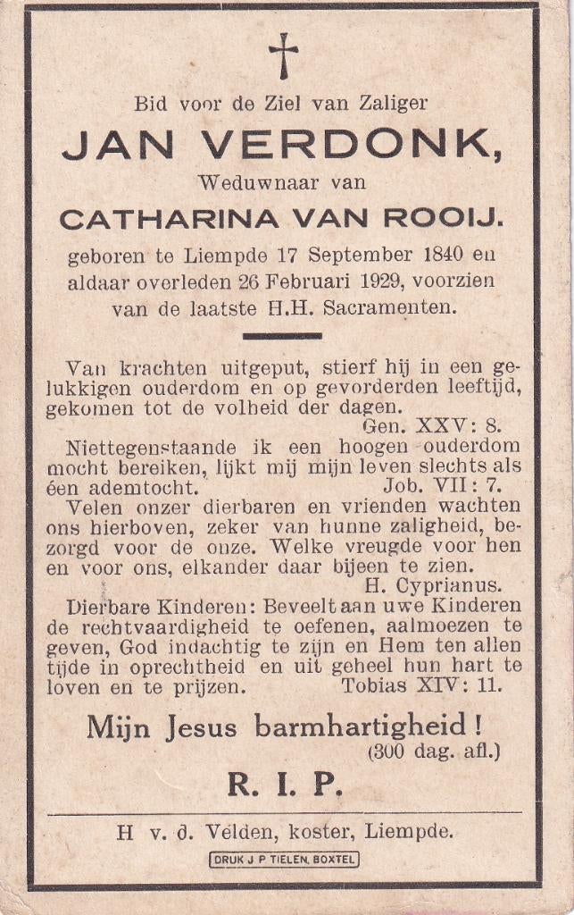 Verdonk Jan 1840 Liempde 1929, Ophalen of Verzenden, Bidprentje