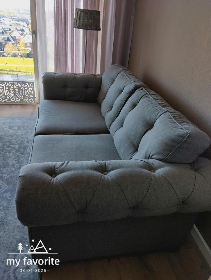 3-zits stoffen bankstel en loveseat in greige, Driepersoons, 75 tot 100 cm, Ophalen of Verzenden, Zo goed als nieuw