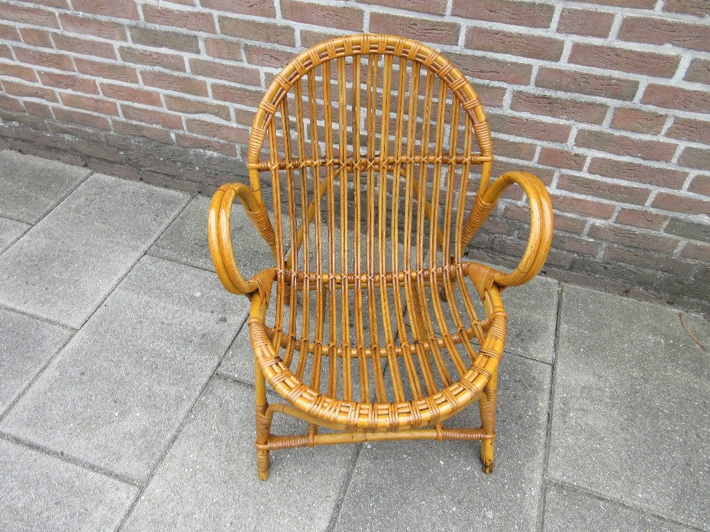 Vintage Rohe Noordwolde Rotan stoel jaren 50, Huis en Inrichting, Ophalen, Bruin, Vintage, Riet of Rotan