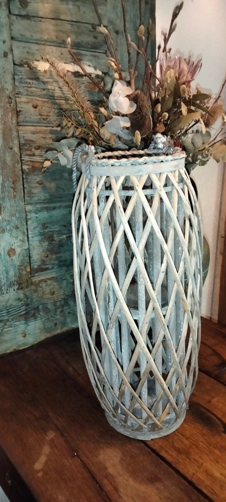 Brocante grote hoge windlicht ratan rotan kandelaar, Antiek en Kunst, Curiosa en Brocante, Ophalen of Verzenden