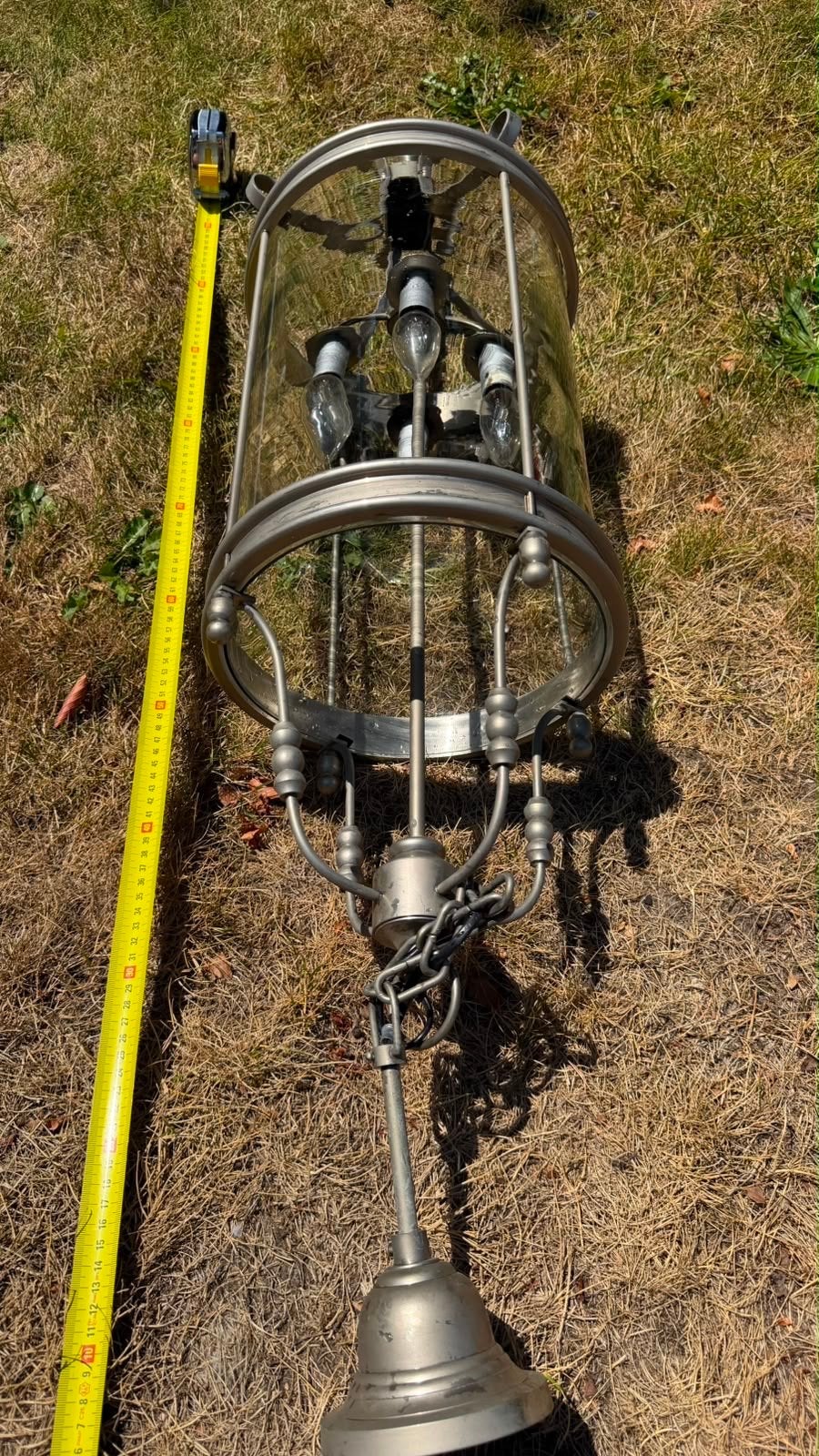 Messing hanglamp / lantaarn met glazen cilinder, Ophalen, Zo goed als nieuw, Glas, E14 (klein)