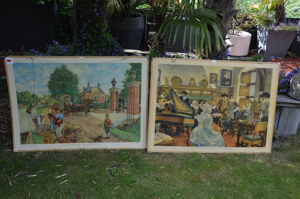2 oude schoolplaten van de Vaderlandsche Geschiedenis Wolter, Ophalen of Verzenden, Geschiedenis