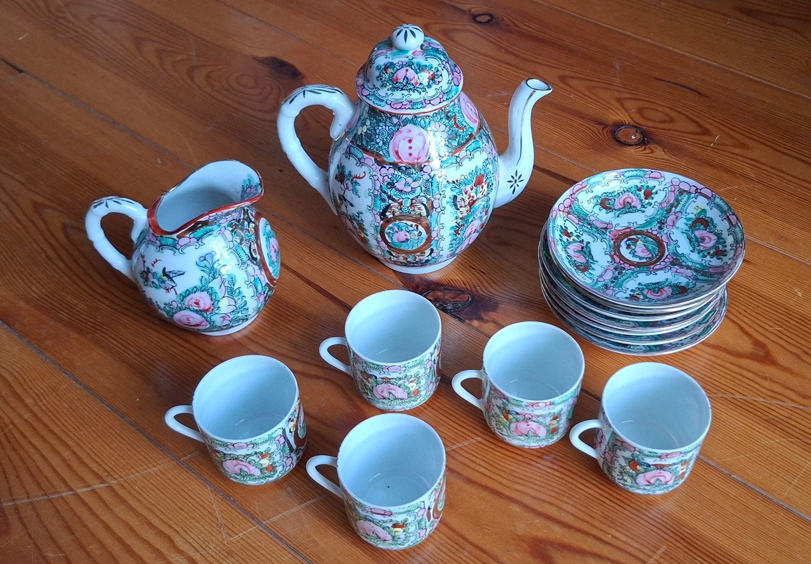 Antiek Chinees Famille Rose theeservies - oa theepot, melkka, Ophalen of Verzenden