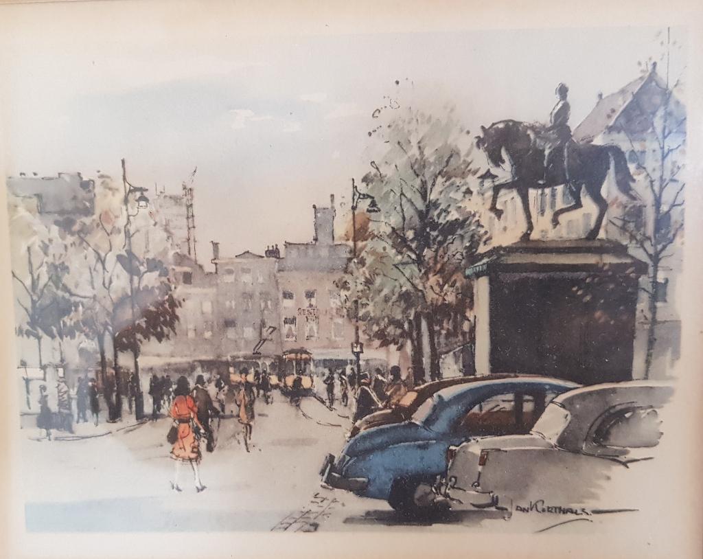 Jan Korthals ingelijste litho Stadstafereel met standbeeld, Antiek en Kunst, Ophalen of Verzenden