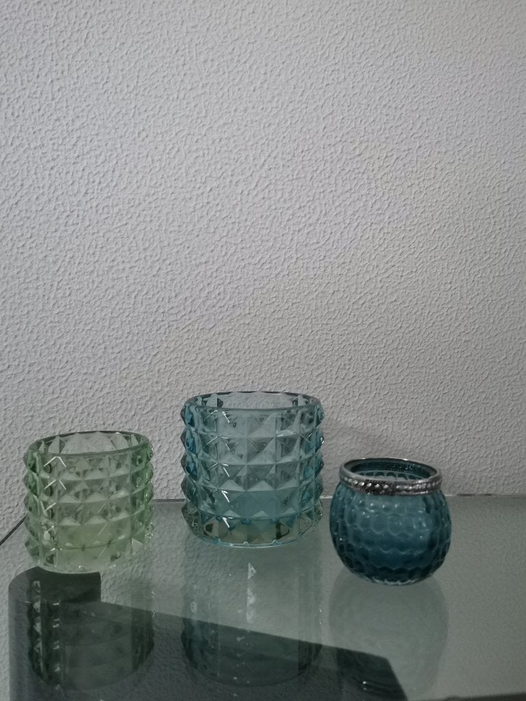 3 glazen waxine lichtjes blauw/groen, Overige materialen, Nieuw, Ophalen of Verzenden, Groen