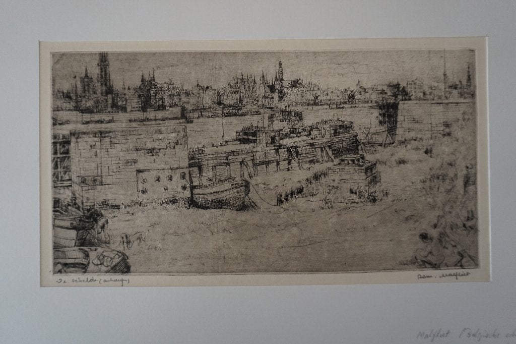 Romain Malfliet Zicht op de Schelde, Origineel, Ets, Stadsgezicht, Ophalen of Verzenden