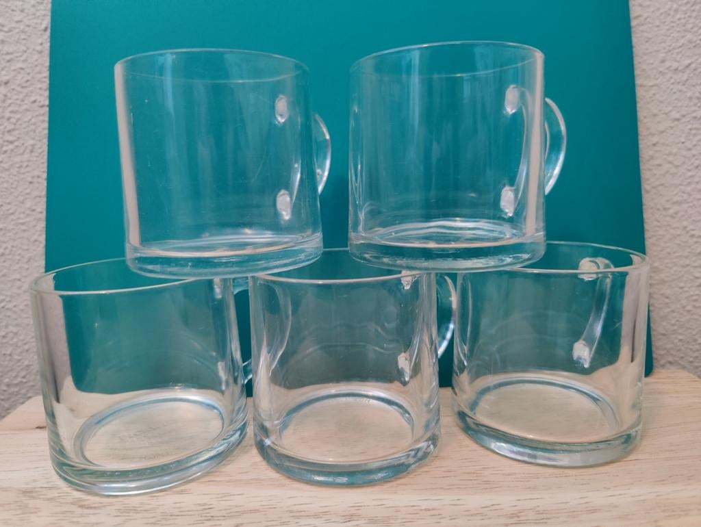 Vijf vintage Douwe Egberts koffie- of theeglazen, jaren 70, Glas of Glazen, Verzenden, Overige stijlen, Glas