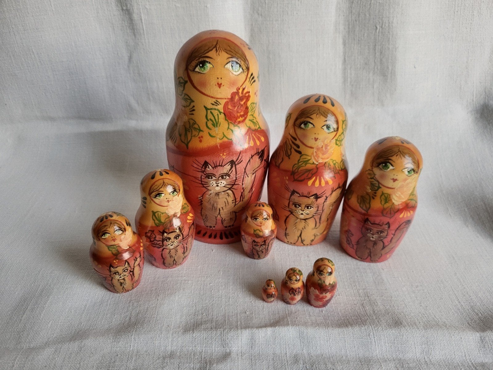 oude matroesjka met poesjes 9 delig., Verzamelen, Ophalen of Verzenden, Gebruikt