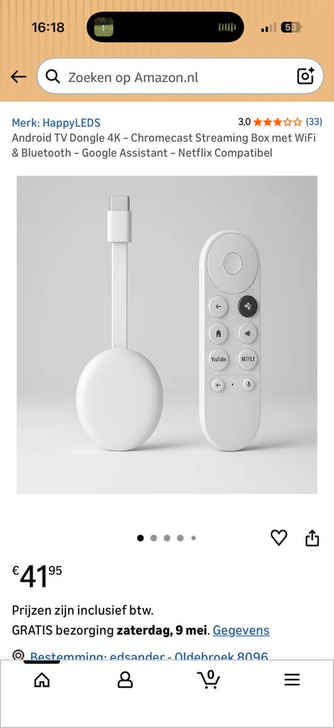 HappyLEDs Android TV Dongle 4K - Chromecast Streaming Box, Ophalen of Verzenden, Nieuw, HDMI, Zonder harde schijf