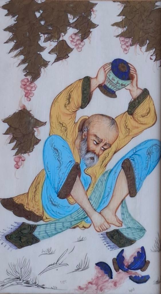 Olieverf miniatuur. Azië.  Sign. 21/27 cm.    Ca 1920., Ophalen