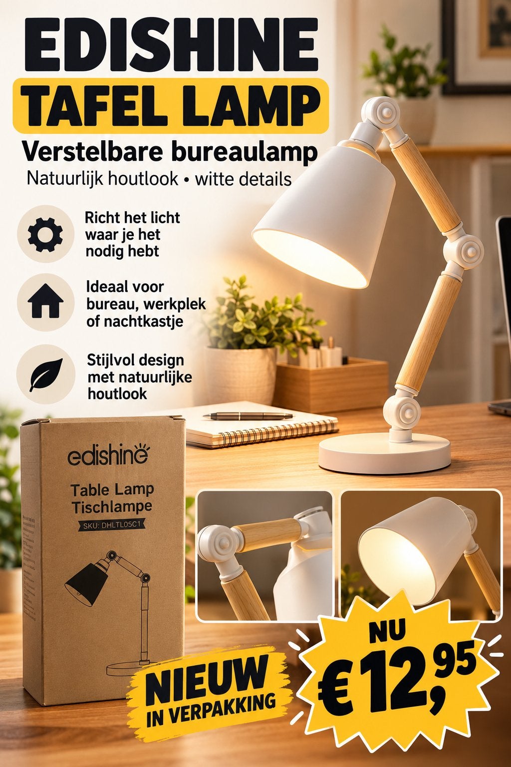 EDISHINE Tafellamp Verstelbaar Houtlook Wit Bureaulamp, Bureaulamp, Verstelbaar, Overige merken, Nieuw