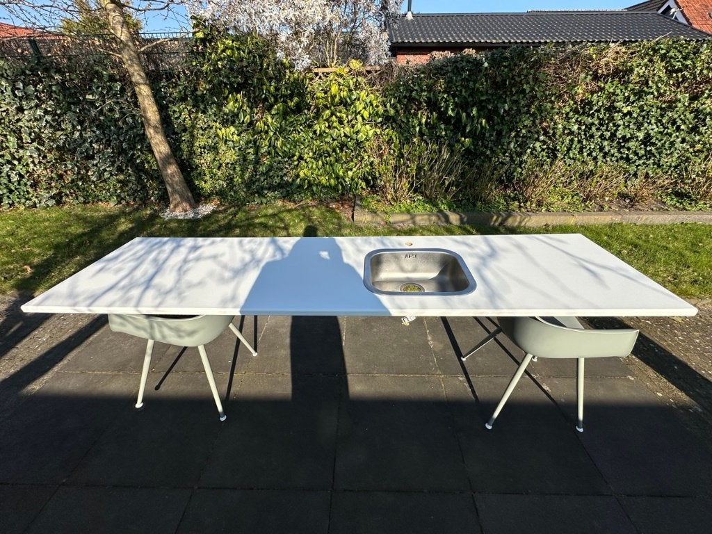 Wit keukenblad met RVS spoelbak - 246,5cm x 63,5cm, Ophalen, Wit, Zo goed als nieuw, 200 cm of meer