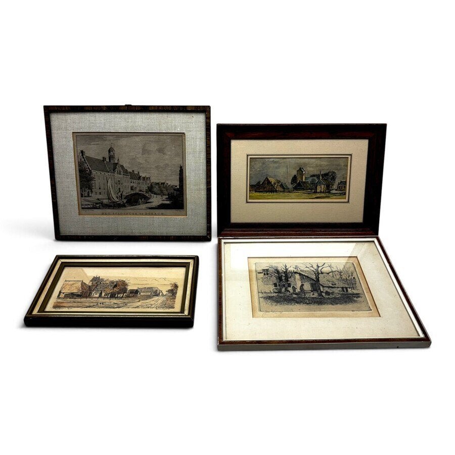 Lot diverse dorpsgezichten (4x), Antiek en Kunst, Ophalen of Verzenden, Nederlandse school, Achter glas, Stads- / dorpsgezicht