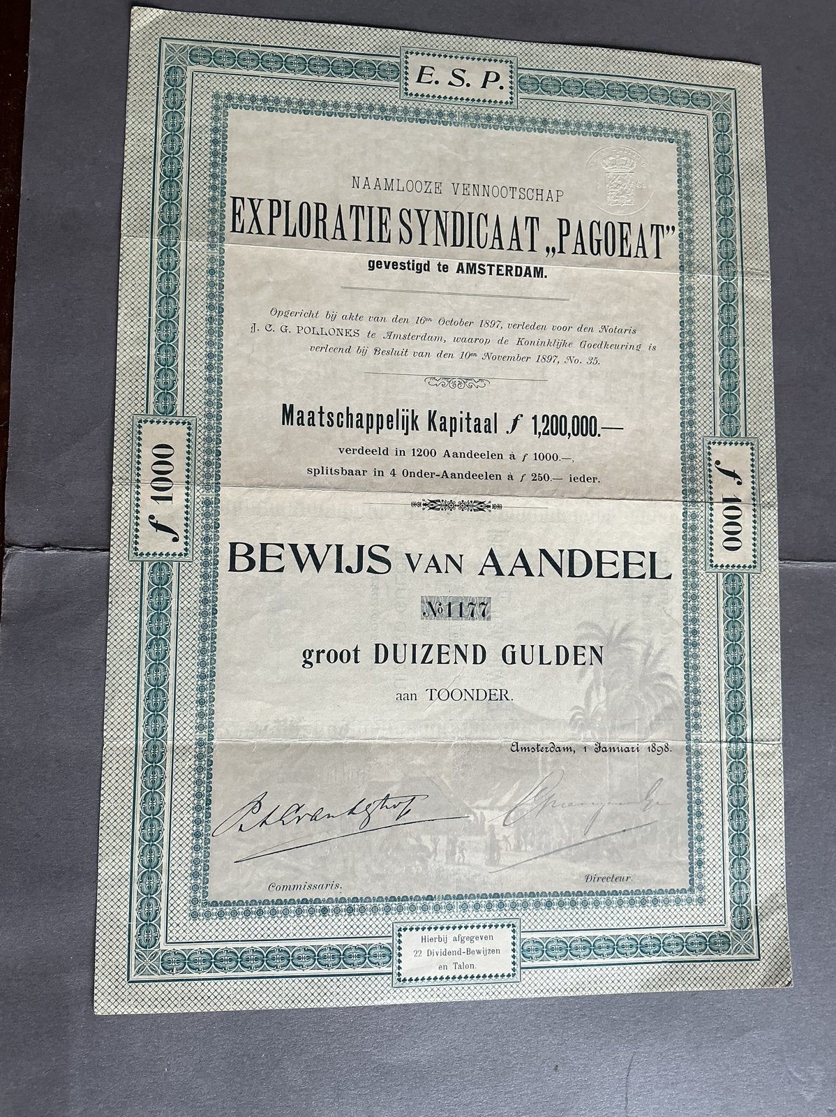 Oud aandeel Exploratie Syndicaat Pagoeat 1898, Postzegels en Munten, Verzenden, Voor 1920, Aandeel