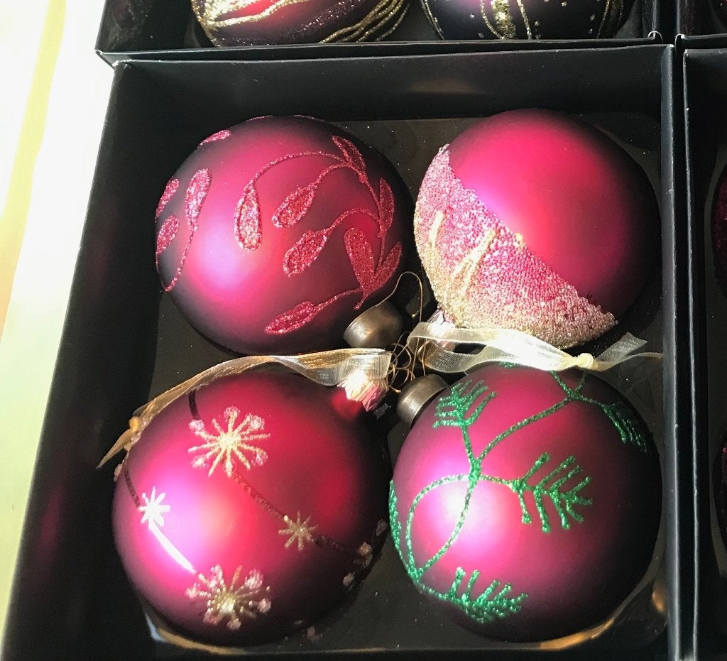 Kerstballen fuchsia felroze donkerroze goud glitter 8 cm, Ophalen of Verzenden, Zo goed als nieuw