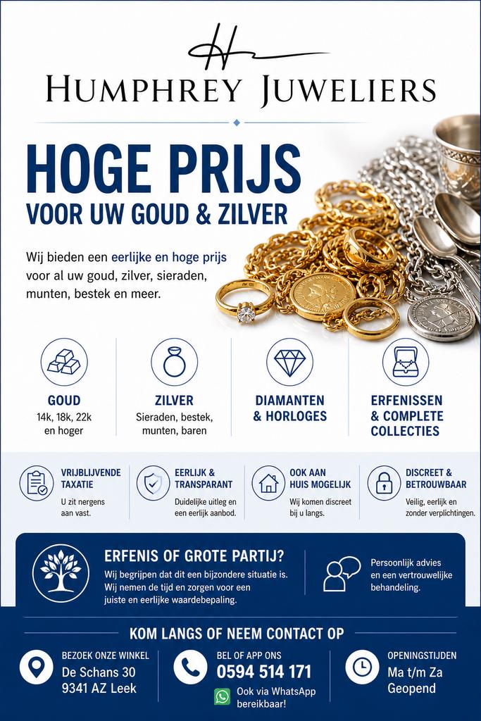 Goud verkopen? Eerijke prijs | Humphrey Juweliers Leek, Ophalen of Verzenden, Zo goed als nieuw, Overige typen