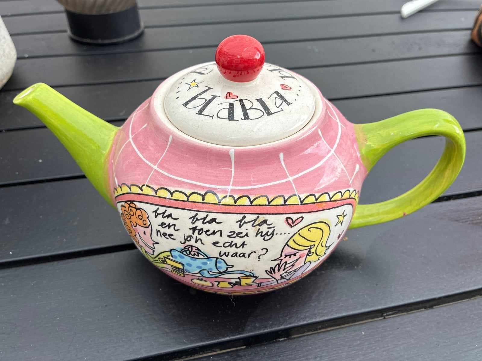 Blond Amsterdam theepot - 'Bla Bla' design, Gebruikt, Steen/keramiek, Meerkleurig, Ophalen