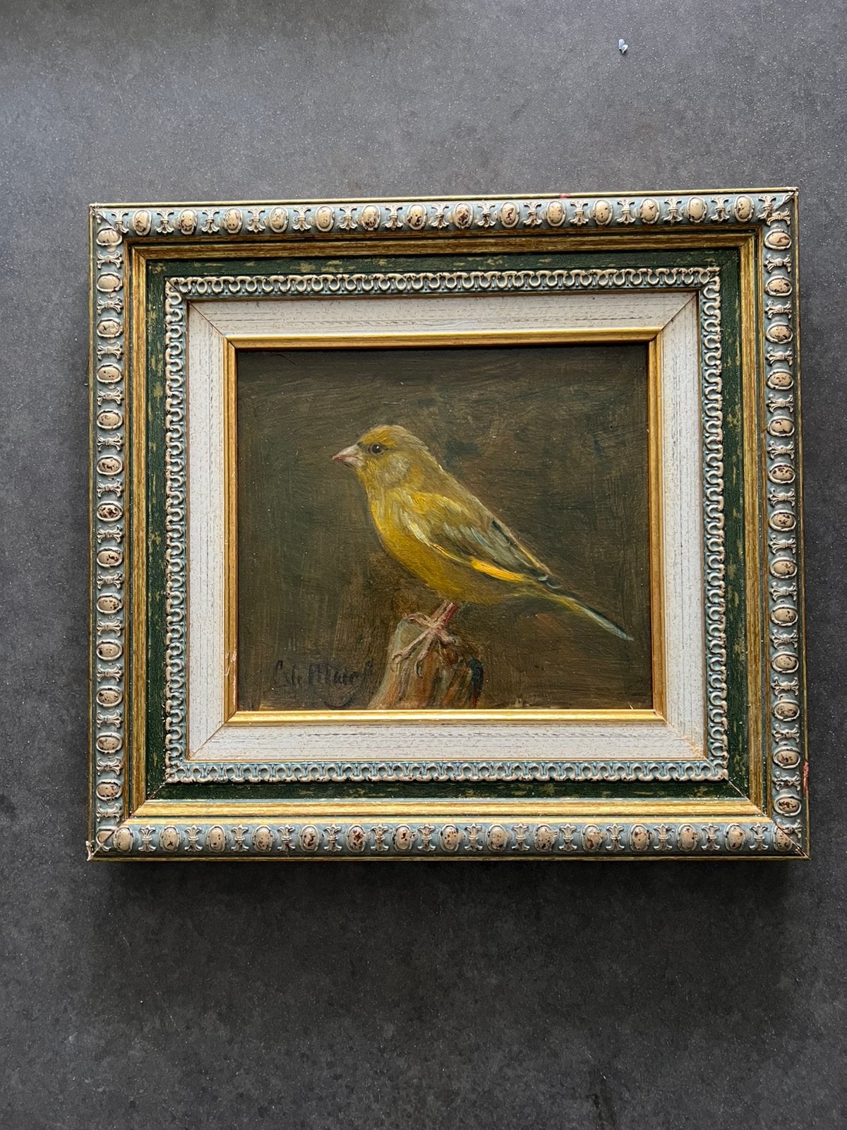 Olieverf Cornelis le Mair . Vogel . Groenling, Ophalen, Paneel, Realistisch, Dieren