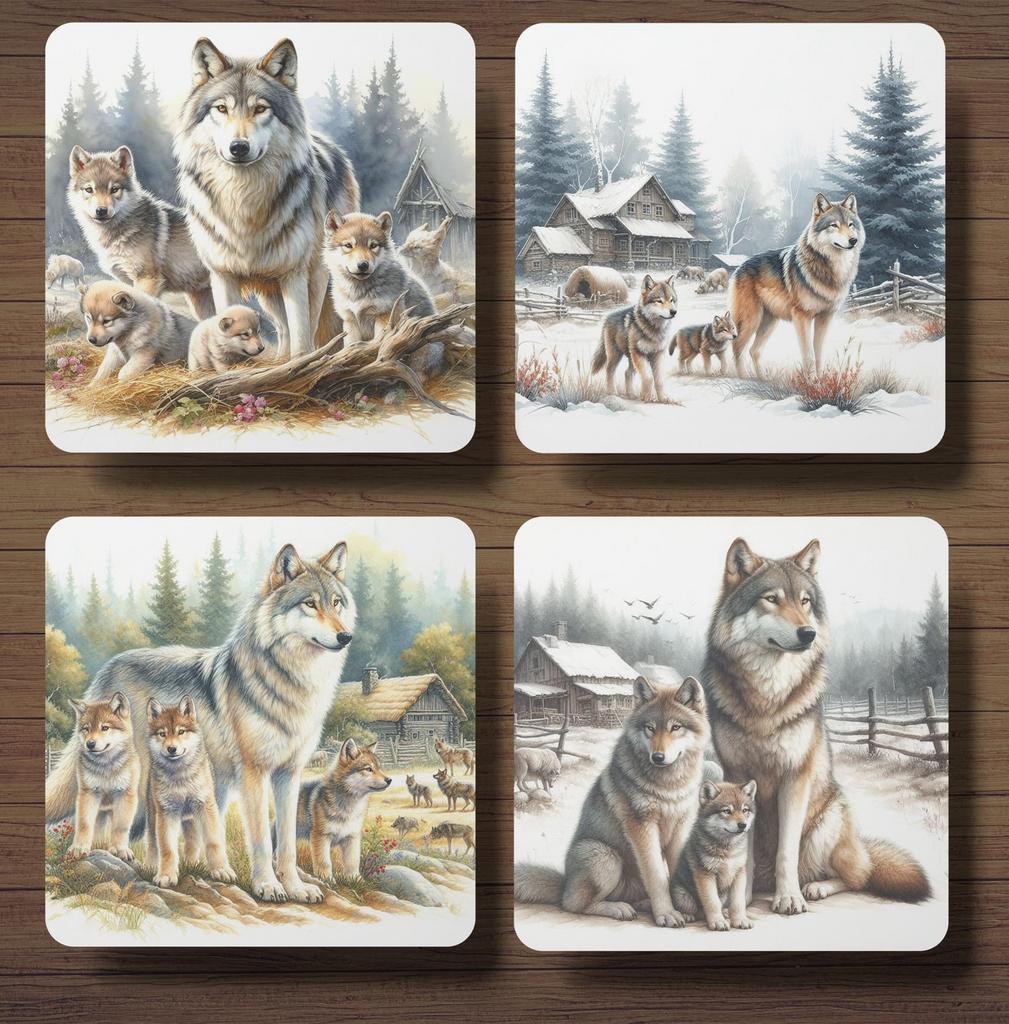 Wolf Aquarel onderzetters met houder, Huis en Inrichting, Ophalen of Verzenden, Nieuw, Glas of Kopje