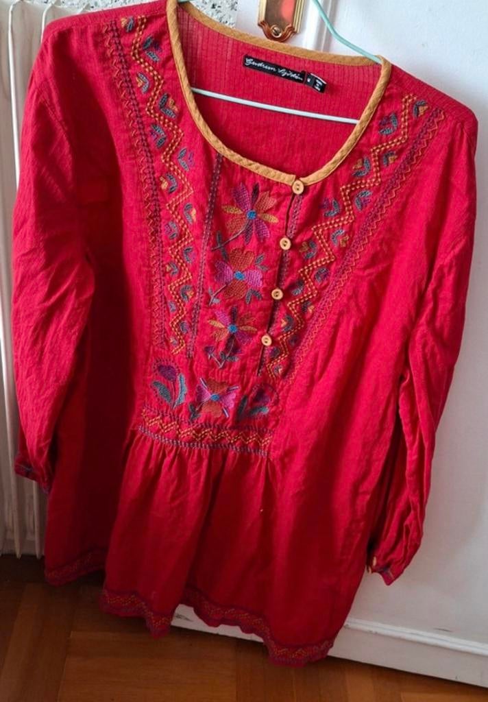 Gudrun Sjödén rode tuniek met borduursels, maat M, Ophalen of Verzenden, Zo goed als nieuw, Maat 38/40 (M), Rood