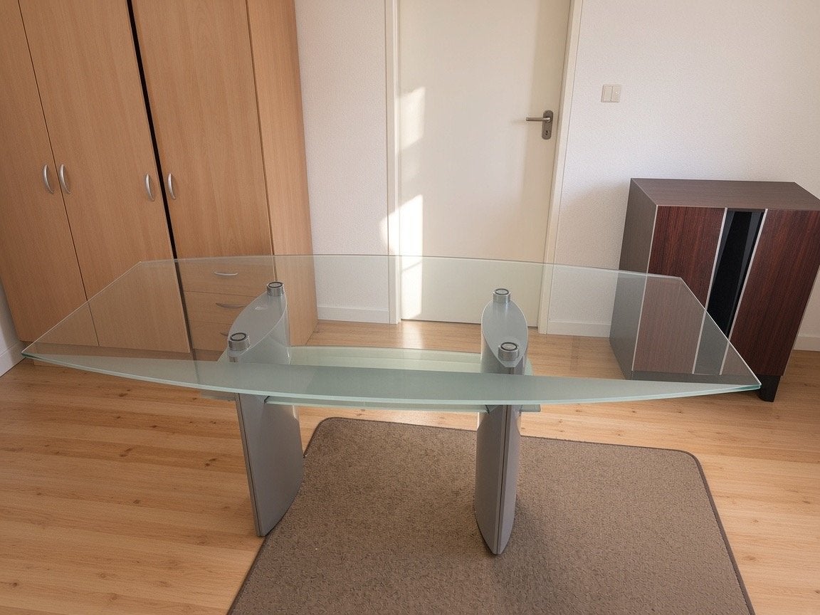 Glazen eettafel met metalen onderstel (200x100 cm), Gebruikt, 200 cm of meer, Glas, Vier personen